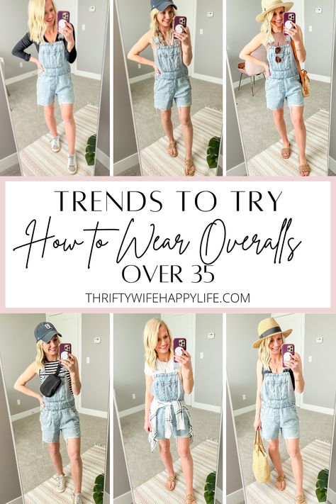 How to wear overalls over 35 How To Wear Overall Shorts, Styling Overall Shorts, Shortalls Outfit Fall, How To Wear Overalls, Short Overalls Outfit Fall, Black Short Overalls Outfit, Shorts Overalls Outfit, Womens Overalls Outfits, Black Short Overalls