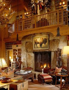 Huge fireplace! What a cozy cabin! Massive Fireplace, Western Chic Decor, Lodge Living Room, Western Style Interior, Western Living Room, Western Interior, Log Home Decorating, Plans Architecture, Rustic Western Decor