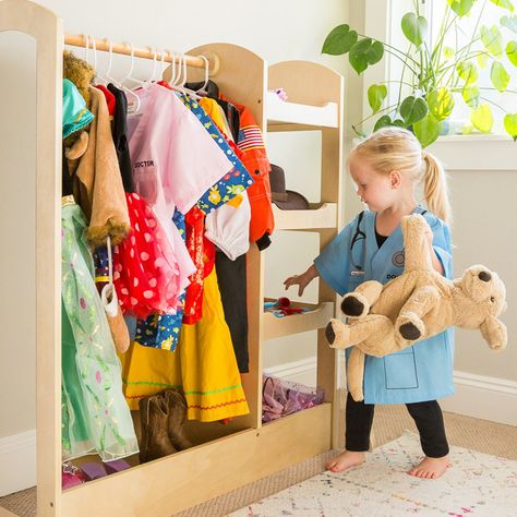 Costume Storage Kids, Kids Dress Up Station, Dress Up Clothes Organization, Kids Dress Up Area, Toddler Dress Up Station, Kids Dress Up Storage, Preschool Interior, Montessori Wardrobe, Dress Up Corner