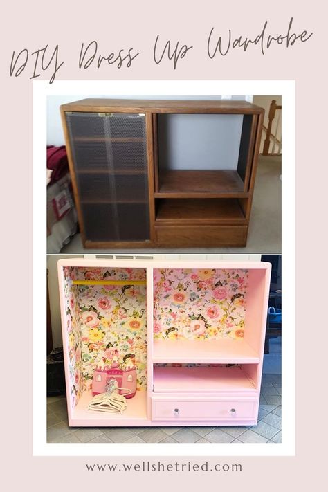 Girls Dress Up Storage, Diy Kids Dress Up Station, Girls Dress Up Station, Toddler Dress Up Station, Diy Dress Up Station, Dress Up Wardrobe, Dress Up Stations, Tv Entertainment Center, Dress Up Storage