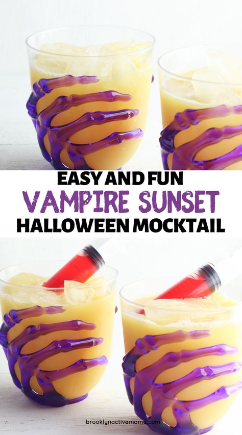 Halloween Handout, Halloween Themed Drinks, Halloween Juice, Halloween Party Drinks, Mocktail Drinks, Sunset Drink, Candy Cocktails, Halloween Movie Night, Kid Friendly Halloween