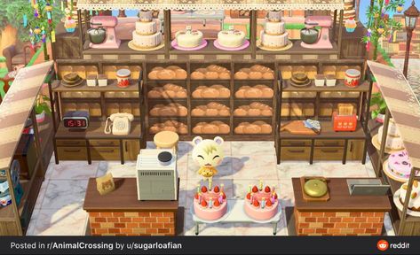 Acnh Bread Design, Acnh Bread Stall, Animal Crossing Food Stalls, Acnh Downtown, Bakery Painting, Acnh Layout, Acnh Signs, Animal Crossing Cafe, Animal Crossing 3ds