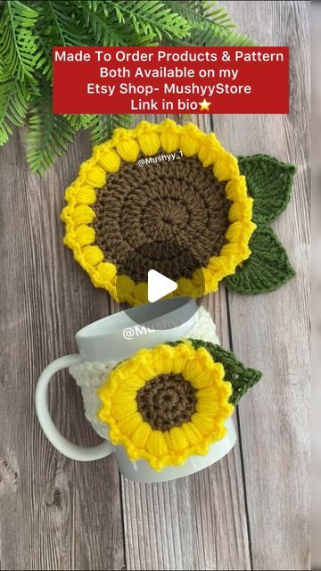 Crochet Sunflower Mug Cozy, Sunflowers Crochet, Crochet Painting, Mug Cozy Pattern, Leaf Mug, Sunflower Mug, Cozy Pattern, Crochet Hack, Coffee Cup Cozy