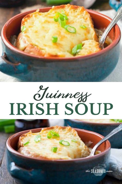 My favorite easy recipe for French Onion Soup gets an Irish twist in this Guinness Irish Soup -- just in time for St. Patrick's Day! A subtle hint of Guinness Stout is added to the broth, while a thick slice of garlic bread is smothered in Irish Cheddar Cheese. It's a delicious spin on a classic recipe, and it's the perfect St. Patrick's Day dinner! Irish Soup, Irish Desserts Traditional, Irish Recipes Authentic, English Recipes, Heritage Recipes, Irish Cooking, Work Recipes, Irish Recipes Traditional, Irish Dishes