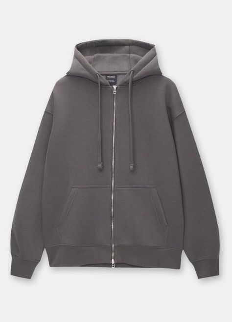 Dark Grey Zip Up Hoodie, Pull And Bear Men, Inspi Outfit, Grey Zip Hoodie, Dark Grey Hoodie, Streamer Dr, Sweats Outfit, Basic Hoodie, Basic Sweatshirt