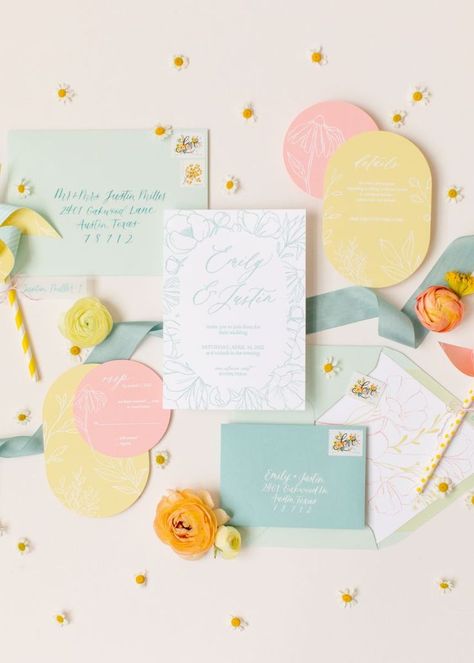 Multicolored pastel invitation suite Pastel Wedding Stationery, Working As A Team, Pastel Wedding Invitations, Wedding Invitation Trends, Tafel Decor, Graphic Trends, Graphic Design Trends, Pastel Wedding, Magical Wedding