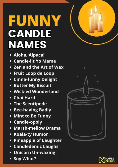 350+ Funny Candle Names [Fun with Flames] - Names Crunch Candle Names Ideas Funny, Scented Candles Business Name Ideas, Candle Scent Names Ideas, Names For Candles, Names For Candle Business, Funny Candle Names, Candle Company Names Ideas, Candle Names Unique, Candle Scent Names