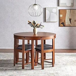 Amazon.com - Simple Living Harrisburg Tobey 5-piece Compact Round Dining Set Faux Leather, Wood Walnut Walnut Finish - Table & Chair Sets Love Seat With Dining Table, Corner Table And Chairs Dining Nook, Table And 2 Chairs Breakfast Nooks, Round Dining Table And Hutch, Isanti Dining Table And 4 Chairs Set, Retro Dining Table Overstock, Dining Table With Bench Against Wall Boho, Small Two Chair Kitchen Table, Corner Dining Table Kitchen