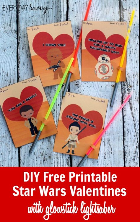 DIY Star Wars Valentines Cards with free printable. Includes Rey, Finn, BB8 and Chewbacca. Instructions for DIY glowstick lightsaber. These are great for your kids to hand out at school and are perfect for both boys and girls. These are so simple to make and you only need a few supplies. Star Wars Valentines Cards, Starwars Valentines Cards, Star Wars Valentine, Diy Star Wars, Star Wars Valentines, Diy Star, Printable Star, Valentine's Ideas, Star Wars Diy