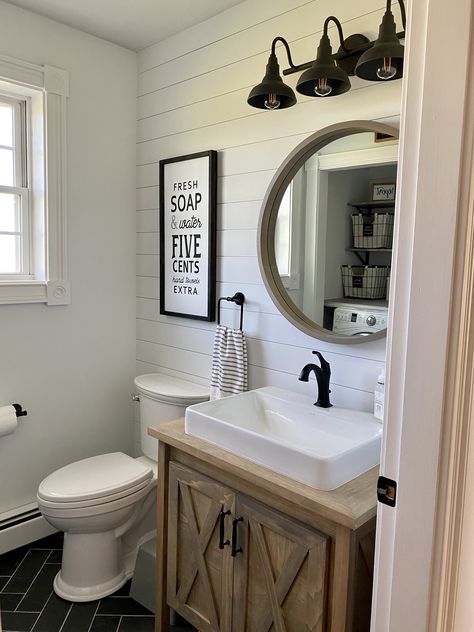 Half Bath Inspiration Farmhouse, Shiplap Bathroom Small Half Baths, Masculine Half Bathroom, Farmhouse 1/2 Bath, Half Bath Farmhouse Ideas, Half Bath Shiplap Wall, Half Bath Layout, Half Bath Farmhouse, Farmhouse Half Bathroom Ideas