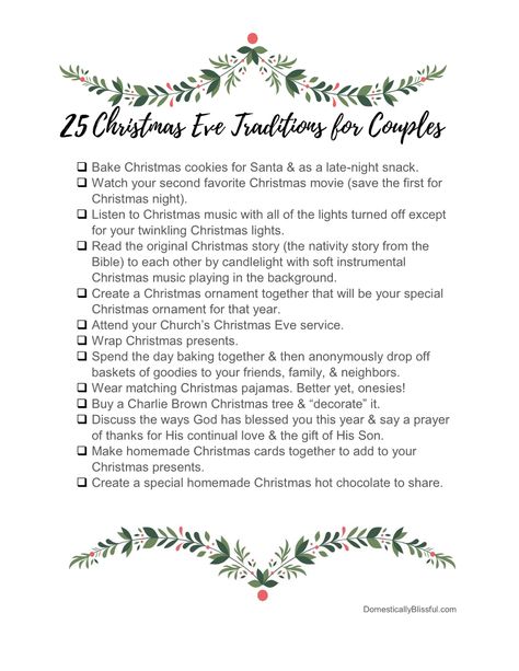 25 Christmas Eve traditions for couples to create a meaningful & memorable holiday. Couples Holiday Activities, Christmas Checklist For Couples, Cute Traditions For Couples, Couple Holiday Traditions, Christmas Eve Schedule, Meaningful Christmas Traditions, Christmas Eve Family Traditions, Couples First Christmas Ideas, Christmas Traditions Couples