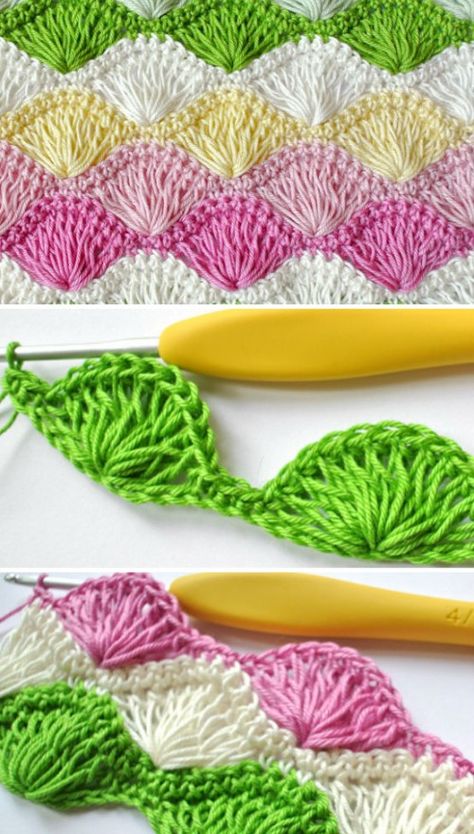 Crochet Long Loop Shell Stitch - Free Pattern | Beautiful Skills - Crochet Knitting Quilting | Bloglovin’ Free Pattern Knitting, Crochet Shell Pattern, Pola Kotak, Crochet Shell Stitch, Crochet Stitches Free, Crochet Blanket Designs, Easy Crochet Stitches, Shell Stitch, Pattern Knitting