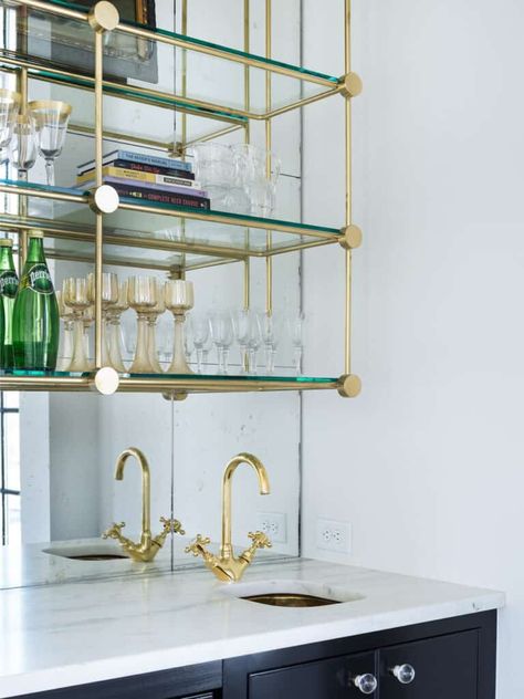 Diy Bar Shelf, Diy Bar Shelf Ideas, Diy Bar Shelves, Living Room Niche, Bar Shelf Ideas, Brass Shelving, Interior Design Portfolios, Bar Shelves, Bar Faucet