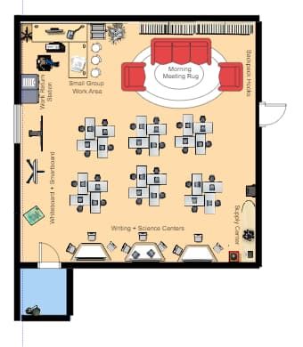 Here is an example for classroom floor plan. It displays the arrangement of teacher's desk, students tables and chairs, writing and science centers and other learning resources, which can help to provide a clear and detailed overview of the classroom. Click to learn more details about it and try to create your own ideal classroom plan with EdrawMax. Classroom Desk Arrangement, Classroom Floor Plan, Ideal Classroom, Desk Arrangement, Desk Arrangements, Teacher's Desk, Science Centers, Classroom Planning, Classroom Desk