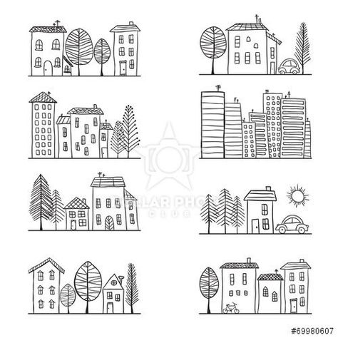 Town Drawing, House Doodle, Houses Small, Arte Doodle, Kids Doodles, 그림 낙서, House Sketch, House Illustration, House Drawing