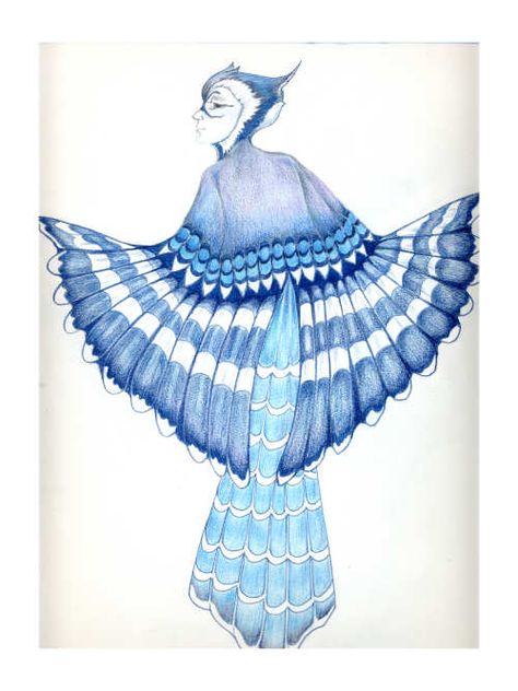 Blue bird Bird Inspired Character Design, Blue Jay Inspired Fashion, Bird Costume Design, Blue Jay Costume, Bluejay Costume, Bird Inspired Fashion, Blue Bird Costume, Jay Dress, Bird Fashion