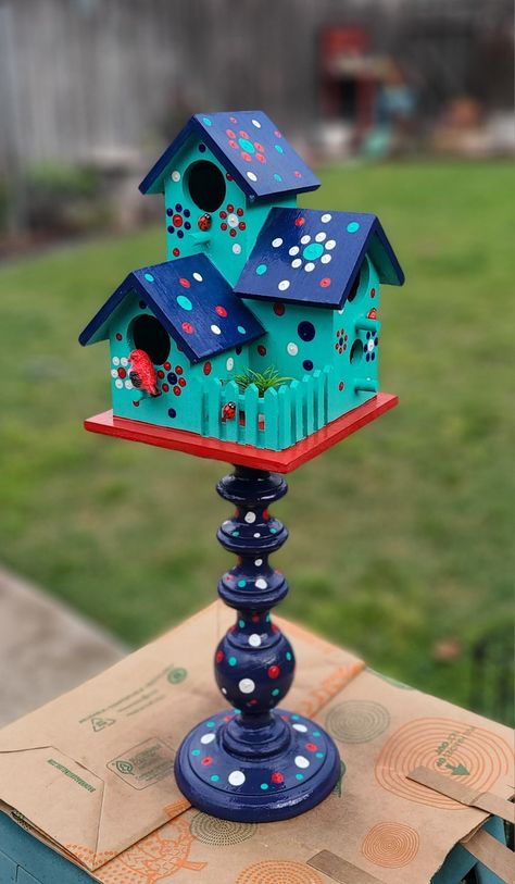 #paintedbirdhouse painted bird house Blue Bird House Painting Ideas, Painted Bird Houses Ideas, Bird Houses Painted Colorful, Painted Bird Houses Ideas Beach, Cute Bird House Painting Ideas Flowers, Tiny Bird Houses Painted, Wacky Birdhouses, Hand Painted Birdhouses, Birdhouse Craft