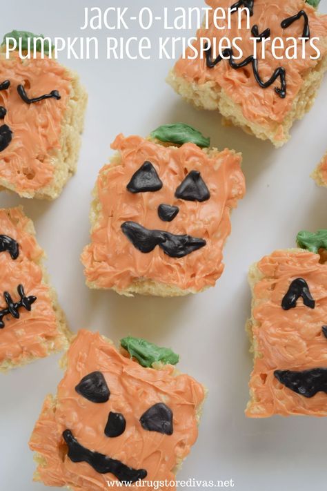 Jack-O-Lantern Pumpkin Rice Krispies Treats Recipe | Drugstore Divas Pumpkin Rice Krispies, Rice Krispies Treats Recipe, Halloween Rice Krispies, Pumpkin Rice Krispie Treats, Pumpkin Rice, Halloween Pumpkin Crafts, Rice Krispie Cereal, Cereal Treats, Black Candy