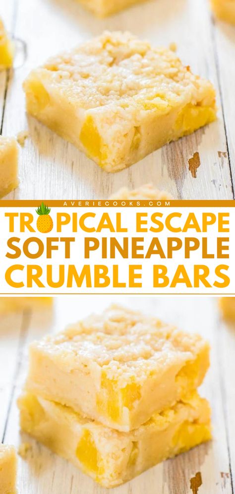 This tropical dessert is the perfect spring baked good! Your summer dessert ideas must have these pineapple crumble bars, too. From the creamy custard filling to the crumble topping, every bite of these soft pineapple bars is delicious. Save this pineapple dessert recipe! Pineapple Crumble, Pineapple Bars, Summer Dessert Ideas, Pineapple Dessert, Tropical Desserts, Pineapple Dessert Recipes, Spring Baking, Averie Cooks, Dump Cakes