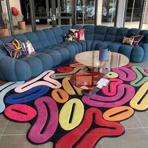 This Colorful Irregular Rug is an easy way to brighten up any room. The colorful rug is great for adding a touch of personality to your space. It's made with a soft touch that will make you feel luxurious every time you put your feet on it. Hip Hop House Decor, Unique Living Room Rug, Fashion Living Room Decor, Cool Area Rugs Living Room, Contemporary Retro Living Room, Cute Funky Decor, Abstract Apartment Decor, Funky Couch Living Room, Hip Hop Interior Design