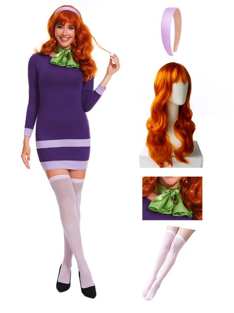 PRICES MAY VARY. 5Pcs halloween costumes for women include purple dress, purple headband, brown wig one silk green scarf, one knee socks. Pull on Closure Fabric:95% Polyster 5% Spandex.The material is strechy.Puple bodycon fitted slim fit dresses. Daphne Dress:Easy costume for Halloween.You can pair the dress with purple hair band,leggings,high-heel.Sexy mini dress for the party, Occasion:Halloween role-play.Party,daily fashion wear. Dresses With Scarf, Velma Halloween Costume, Red Hair Costume, Red Head Halloween Costumes, Redhead Costume, Work Appropriate Halloween Costumes, Blossom Costumes, Adult Women Halloween Costumes, Scarf Clothing