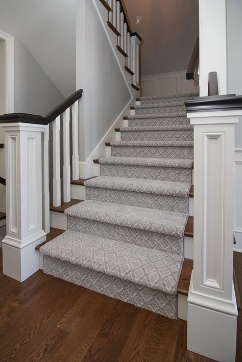 Gray and Light Blue Patterned Carpeted Staircase Stairs With Patterned Carpet, Pattern Carpet On Stairs, Patterned Carpet On Stairs, 1970s Basement, Carpeted Staircase Ideas, Neutral Stair Runner, Stair Redo, Carpeted Staircase, Spanish Ranch