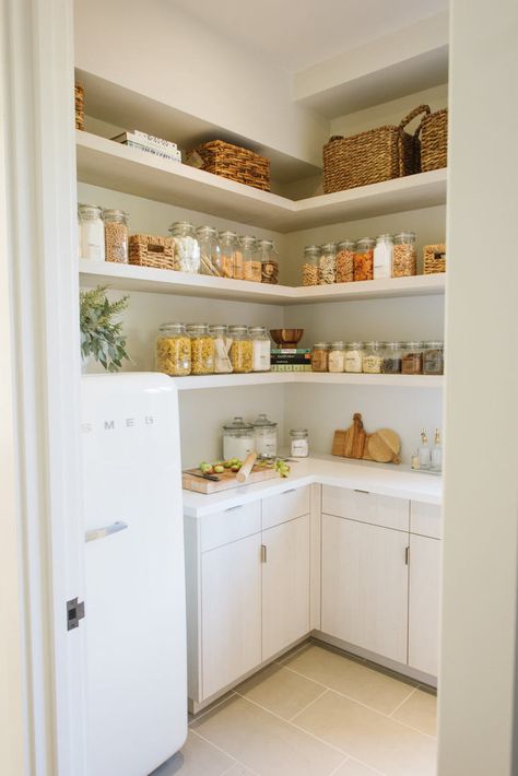 Some people have a second fridge in the basement or garage. Moradi has one in her pantry—a much more accessible location—and keeps it stocked with beverages. Pantry With Full Size Fridge, Scullery Ideas, Modern Farmhouse Pantry, Pretty Pantry, Pantry Inspiration, Gray Gardens, Smoothie Maker, Apartment Entrance, Farmhouse Pantry