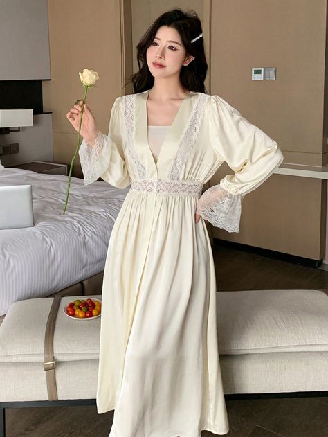 Satin Patchwork Sheer Lace Waist-Cinching Romantic Nightgown Beige Elegant  Long Sleeve Woven Fabric Plain  Non-Stretch All Women Sleep & Lounge, size features are:Bust: ,Length: ,Sleeve Length: Romantic Nightgown, Nightgown Romantic, Sleeping Dress, Women's Robe, Cute Pajamas, Womens Pyjama Sets, Satin Slip, Satin Slip Dress, Lace Panelled