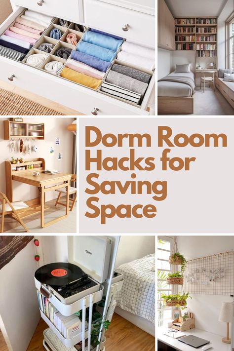 Dorm life doesn’t have to mean living in clutter! These 15 space-saving hacks will transform your tiny room into an organized and functional haven. From lofted beds and under-bed storage to rolling carts and collapsible laundry hampers, these tips help you make the most of every inch. Discover clever solutions like clip-on lamps and pegboards that keep your dorm looking tidy and stylish. Check out the full guide to create a space you’ll love coming back to! Lofted Beds, Dorm Room Necessities, College Dorm Organization, Wooden Pegboard, Rolling Carts, Small Guest Room, Space Saving Hacks, Tiny Room, Loft Bed Frame