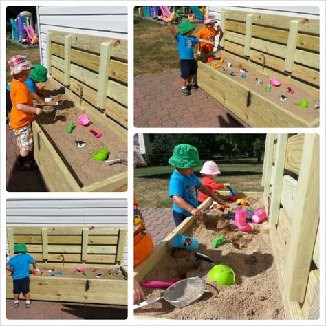 Outdoor sand box we made for my home daycare! Stand at it style! New for 2013, a lid that closes to keep critters out! We LOVE it! find it at Nik's Summit Playschool! Daycare Playground, Home Day Care, Outdoor Play Space, Outdoor Learning Spaces, Play Area Backyard, Outdoor Play Spaces, Outdoor Play Areas, Kids Outdoor Play, Home Daycare