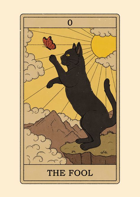 The Fool Art, Tarot The Fool, Tarot Tattoo, The Lovers Tarot, Black Cat Art, Tarot Cards Art, A Black Cat, Tarot Art, Cat Cards