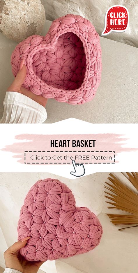 Easy Crochet Basket Pattern, Heart Basket, Crochet Basket Pattern Free, Crochet Storage Baskets, Crochet Heart Pattern, Crochet Storage, Valentines Crochet, Crochet Basket Pattern, Crochet Bookmarks