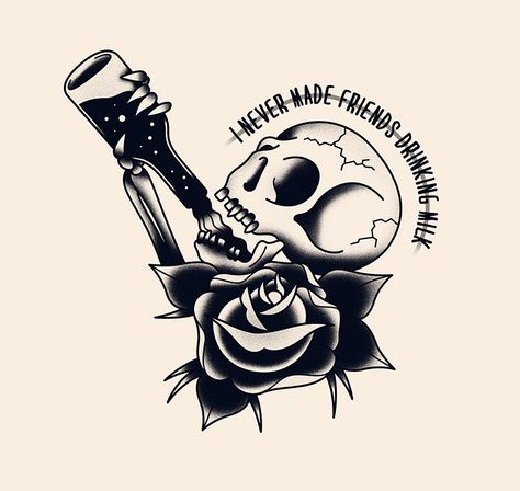 I never made friends drinking milk on Behance Skeleton Drinking Beer Tattoo, Skeleton Drinking Tattoo, Tattoo Shirt Design, Traditional Sailor Tattoos, Beer Tattoo, Drawing Graphic Design, Beer Tattoos, Friends Drinking, Skeleton Drinking