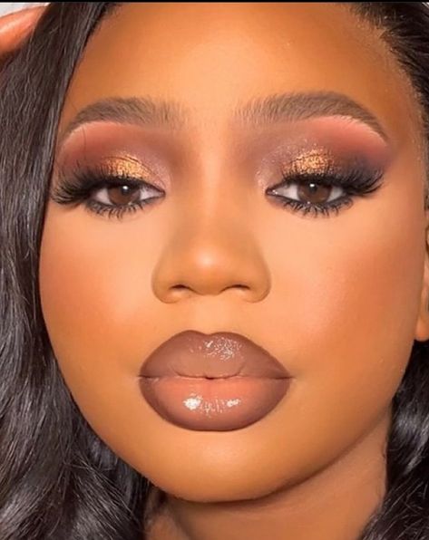 Brown Lipstick Looks Black Women, Bronze Makeup Brown Eyes, Shimmery Smokey Eye Makeup, Makeup For A Champagne Dress, Fall Makeup Looks For Black Women, Valentines Day Makeup Black Women, Soft Brown Makeup Look Black Women, Brown Eyeshadow Makeup Looks Black Women, Pink Smokey Eye Makeup