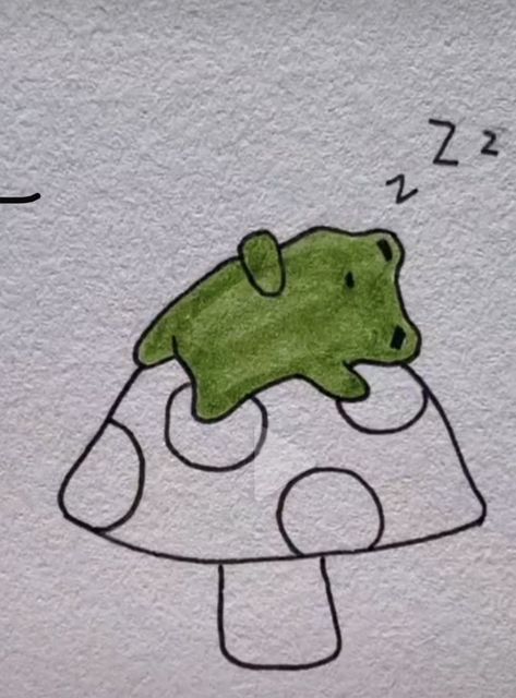 Mushroom Doodle Cute, Mini Drawings Easy, Frog Sleeping, Frog Drawing, Cute Doodle, Indie Drawings, Easy Doodles, Doodles Drawings, Frog Art