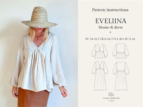 ✄ Digital Sewing pattern  Eveliina blouse & dress Digital PDF sewing pattern for women sizes EU 34-52 / UK 6-24 / US 2-20 / AU 6-24.  A timeless Eveliina blouse & dress have a comfy loose fit which features V neck, ruched waist, internal pockets, dropped shoulders and elasticated puff sleeves. It's a perfect dress to wear a day to night.  🌸 Eveliina PDF pattern comes with 2 different length options: blouse and midi length dress. 🌸 Please note you will not receive a physical pattern, you will r Flowy Shirt Pattern, Sewing Blouses Pattern, V Neck Blouse Pattern Sewing, Sewing Shirt Pattern, Woven Top Sewing Pattern, Free Sewing Patterns For Women Tops, Clothing Sewing Patterns, Tops Sewing Patterns, Boho Dress Pattern