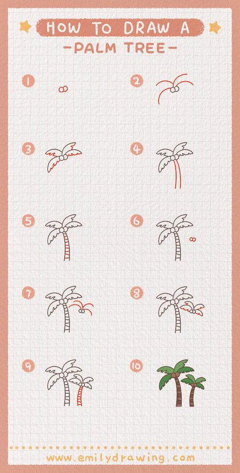 Setp by Step tutorial on how to draw a palm tree. FREE download the Printable drawing guide and coloring page,Click to Get! #drawing #howtodrawapalmtree #palmtree #learntodraw #howtodraw How To Draw Palm Trees, How To Draw A Palm Tree, Palm Tree Doodle, Draw A Palm Tree, Cartoon Palm Tree, How To Dr, Palm Tree Drawing, Tree Doodle, Rock A Bye Baby