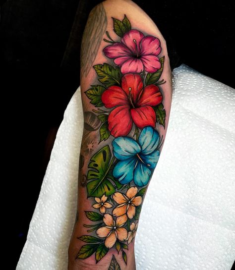 Hawaiian Florals I made this week for Halie 🌺 Made in one full day session Part of a full sleeve in progress! More full color florals forever pls & thank you maxwoodstattoos.com for booking - - - - - - - - #art #artist #tattooartist #tattoo #color #floral #floraltattoo #hawaii #hawaiian #hawaii #colorfloral #leaves #neotraditionaltattoo #dfw #dfwtattoos #dfwtattooartist #lewisvilletx #rebelmusetattoo Hawaiian Sleeve Tattoo Women, Tropical Tattoos For Women, Morning Glory Tattoo, Tropical Tattoo, Small Matching Tattoos, Tattoo Color, Tropical Colors, Sleeve Tattoos For Women, Matching Tattoos