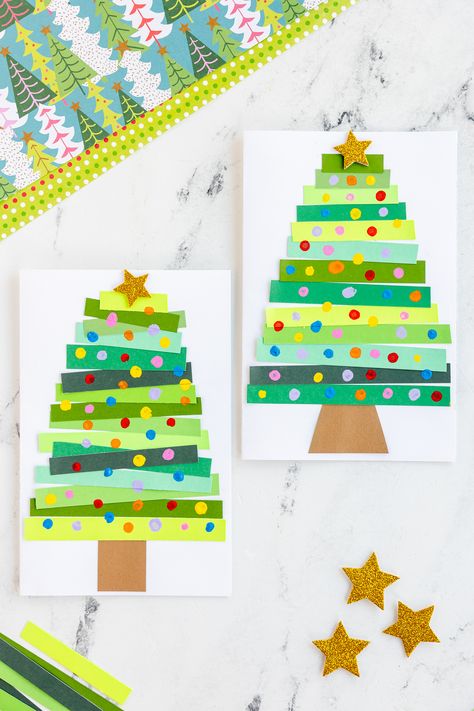 Christmas Tree Calligraphy, Holiday Card Craft For Kids, Quick Christmas Card Ideas, Sentimental Christmas Crafts For Kids, Christmas Cards Year 1, Year 6 Christmas Cards, Primary School Christmas Crafts, Card For Christmas Handmade, Simple Christmas Paintings For Kids