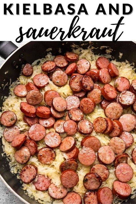 This skillet kielbasa and sauerkraut is an easy weeknight dinner recipe you will love. The meal idea from The Travel Palate is made on the stovetop with pre-cooked smoked sausage and served with your favorite sauerkraut for a fast meal you can have ready in about 20 minutes. Saurkraut And Kielbasa, Kielbasa And Sauerkraut, How To Cook Kielbasa, Sausage Sauerkraut, Smoked Sausage Recipes, One Pan Meal, Kielbasa Recipes, Sauerkraut Recipes, Weeknight Dinner Recipes Easy