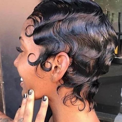 Layered Pixie Cut, Finger Waves Short Hair, Finger Wave Hair, Short Hair Black, Finger Waves, Hairstyle Tutorial, Short Hair Balayage, Relaxed Hair, Girl Short Hair