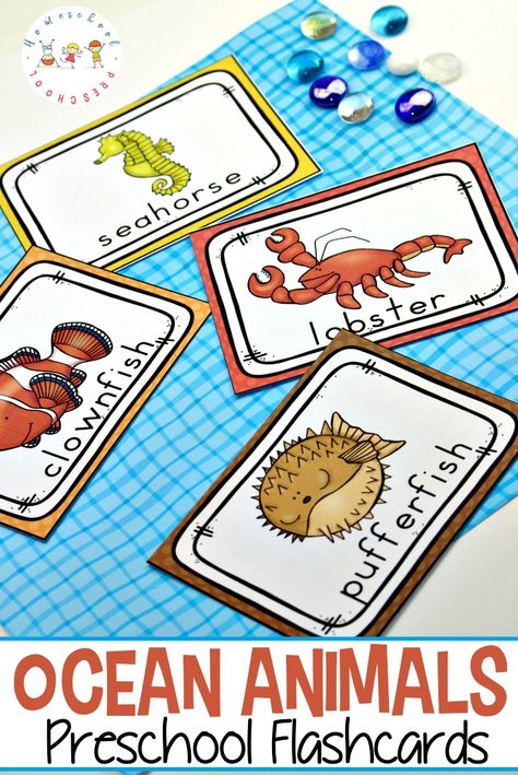 Preschoolers will have fun using these free printable ocean animals flashcards to learn the names of more than 20 ocean animals!  #oceananimals #preschoolflashcards #oceanpreschooltheme #homeschoolprek Ocean Animals Preschool, Preschool Flashcards, Classroom Montessori, Ocean Preschool, Animals Preschool, Ocean Theme Preschool, Ocean Unit, Animal Printables, Animal Flashcards