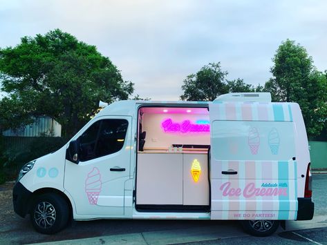 Photo of Adelaide Hills sauce Cream van with pretty neon lights Ice Cream Trucks Aesthetic, Ice Cream Van Design, Farmers Market Ice Cream, Modern Ice Cream Truck, Aesthetic Ice Cream Truck, I’ve Cream Truck, Retro Ice Cream Truck, Ice Cream Truck Ideas Design, Neon Food Truck