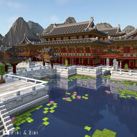 Timelapse vid of this build on our YouTube channel: Fiki & Biki 🐔 (link in bio) Minecraft Japanese Mega Base, Asian Bridge Minecraft, Minecraft Asian Palace, Minecraft Chinese House Ideas, Japanese Palace Minecraft, Naruto Minecraft Builds, Demon Slayer Minecraft Builds, Minecraft Korean Builds, Japanese Town Minecraft