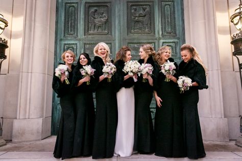 Black Bridesmaid Dresses with Fur Wraps Black Dress With Shawl, Black Bridesmaid Dress Winter, Dresses With Fur, Fur Stole Wedding, Winter Bridesmaids, Winter Bridesmaid Dresses, Wedding Shawls, Black Bridesmaid, Bridal Shrug