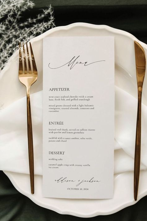 This elegant and minimalist wedding menu template is perfect for couples who want a stylish and stress-free way to share their dining options with guests. It's easily customizable with your own colors, fonts, and text, and can be printed at home or at a professional printer. #weddingmenu #weddingplanning#Boho_Minimalist_Wedding #Simple_Wedding_Menu #Wedding_Menus_Design #Caramel_Apple_Crisp Menus Design, Simple Wedding Menu, Wedding Menus Design, Wedding Sign Decor, Menu Card Design, Printable Menu Template, Menu Printable, Event Menu, Simple Menu