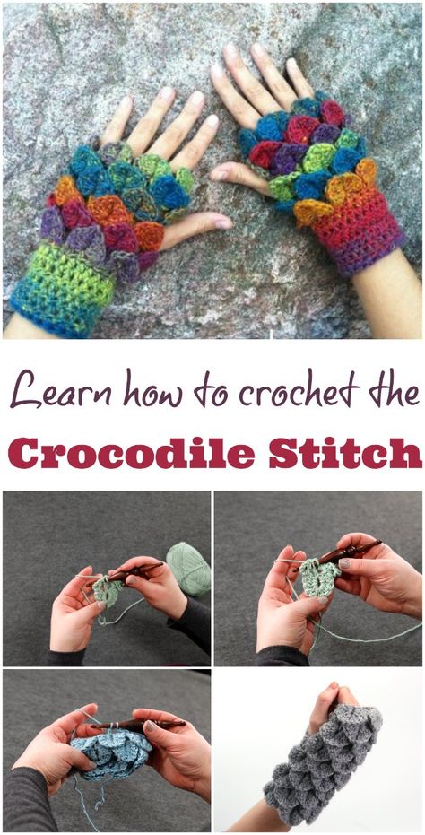 Crochet Crocodile Stitch Tutorial, Gloves Pattern Crochet, Crocodile Stitch Crochet, Crochet Crocodile Stitch Pattern, Crochet Fingerless Gloves Free Pattern, Crochet Crocodile, Crochet Wrist Warmers, Knitted Stuff, Crochet Bloggers