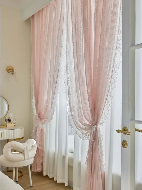 Pink Lace Sheer Curtains, Pink Lace Ruffle Princess Window Decor Curtains, Two Panels Pink Lace Cafe Curtain, Living Room, Kitchen Curtain - Etsy Canada Cute Bedroom Curtain Ideas, Pink Curtains Aesthetic, Coquette Curtains, Girly Curtains, Pink Curtains Bedroom, Pink Ruffle Curtains, Aesthetic Curtains, Princess Curtains, Girls Princess Bedroom