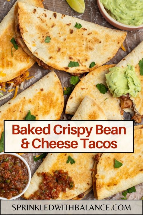 Baked Crispy Bean and Cheese Tacos with Avocado Crema Tortilla Taco Bake, Bean And Cheese Tacos, Baked Corn Tortillas, Corn Tortillas Tacos, Corn Tortilla Recipes, Baked Tacos Recipe, Tortilla Bake, Quick Delicious Dinner, Tacos With Avocado