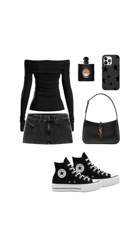 #outfit #inspo #black #summer #converse #miniskirt Black Dress With Converse, Summer Converse, Black Skirt Outfits, Black Converse, Outfits With Converse, Black Mini Skirt, Clothes Ideas, Fit Check, Outfits Ideas